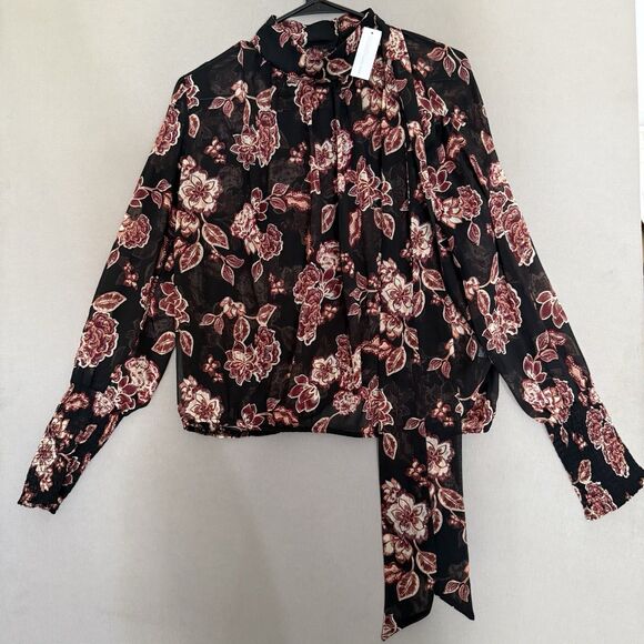 NY&Co Sheer Floral Blouse Medium Front Back Tie Neck  Fall Tones Ruched Sleeves - Picture 3 of 15